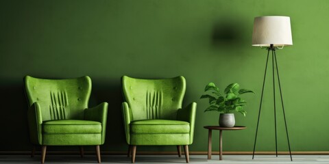 Green armchair, lamp, table, and leaf posters inside