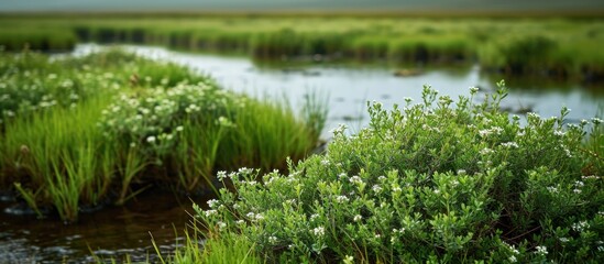 Obraz premium Samphire plant thriving on Welsh salt marsh in August.