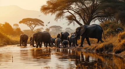 Nature documentary, elephants at a watering hole, African savanna, herd with playing calves, soft diffused daylight, birds in the sky. - obrazy, fototapety, plakaty