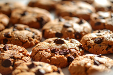 Closeup of chocolate chip cookies. Cookies background. Generative AI