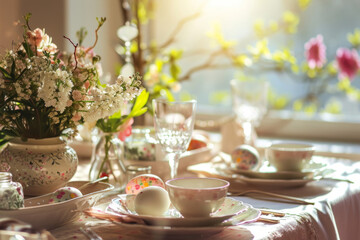 Beautifully arranged Easter table setting. Table decor concept. Generative AI
