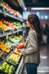 A young woman is choosing bell peppers in a grocery store
