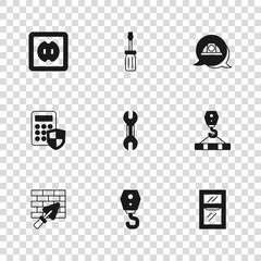 Set Crane hook, Window in room, Wrench spanner, Worker safety helmet, Electrical outlet, Screwdriver and Security keypad access panel icon. Vector