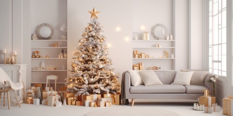 Festive living room with Christmas tree, toys, gifts, and modern interior design.