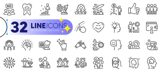 Outline set of Auction, Clean hands and Employees wealth line icons for web with Like hand, Chef, Head thin icon. Swipe up, Teamwork, Video conference pictogram icon. Wallet, Empower. Vector