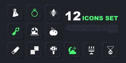 Set Candlestick, Medallion on chain with eye, Magic ball, Moon stars, Old magic key, Game dice, stone ring and Psilocybin mushroom icon. Vector