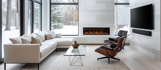 White ceramic-tiled non-combustible surround with glass front black metal gas fireplace. - obrazy, fototapety, plakaty