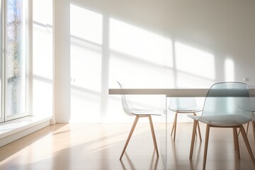 Fototapeta premium Four chairs and a table in a bright room with large windows
