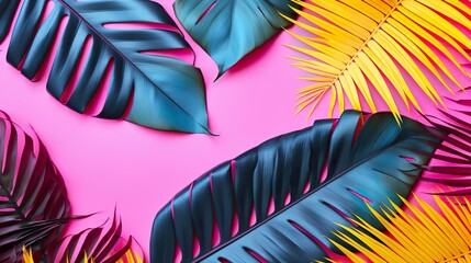 Creative layout of colorful pink tropical monstera and palm leaves.