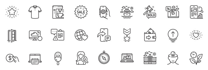 Icons pack as Phone message, T-shirt and Web inventory line icons for app include Calendar, Travel loan, Open door outline thin icon web set. Friends world, Travel compass. Vector