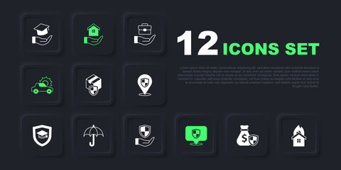 Set Money bag with shield, Fire in burning house, Delivery security, Location, Car insurance, Umbrella, House hand and Shield icon. Vector