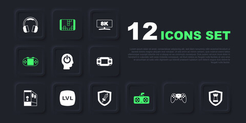 Set Game controller or joystick, Chess shield, Power button, Portable video game console, Level, and Sword for icon. Vector