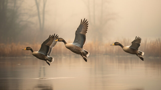 A group of  Northern pintails flies through fog
