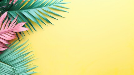 Fototapeta na wymiar Tropical design elevated view of palm leaves on yellow background.