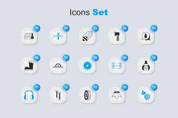 Set Tree stump, Electric circular saw, Metallic nail, Headphones, Hand and log, Grapple crane grabbed, Wooden and Circular blade icon. Vector