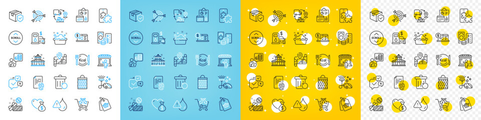 Vector icons set of Hand washing, Scroll down and Phone puzzle line icons pack for web with Cross sell, Credit card, Sale outline icon. Supply chain, Recovery trash, Vacuum cleaner pictogram. Vector