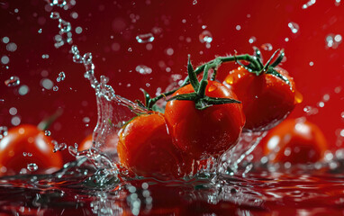Tomatoes with splashes of water on a red background, panorama
