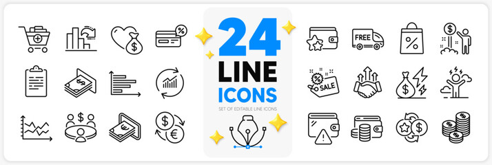 Icons set of Diagram chart, Meeting and Free delivery line icons pack for app with Clipboard, Wallet, Electricity price thin outline icon. Wallet money, Decreasing graph, Sale pictogram. Vector