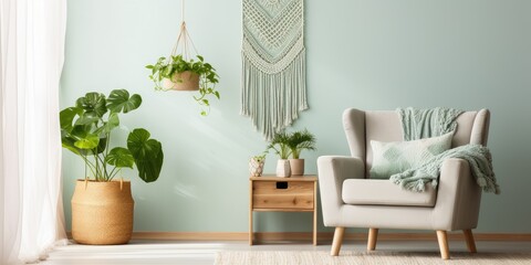 Photo of green armchair in bright, natural living room with macrame hanging above white cupboard
