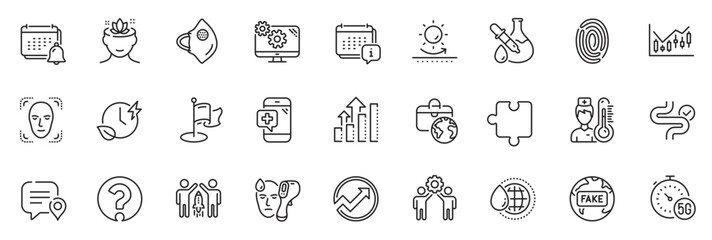 Fototapeta na wymiar Icons pack as Electronic thermometer, Fingerprint and Notification line icons for app include Calendar, Settings, World water outline thin icon web set. Global business, Analysis graph. Vector