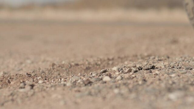 Motorcycle Tire Laying Patch Shooting Dust And Gravel Close Up