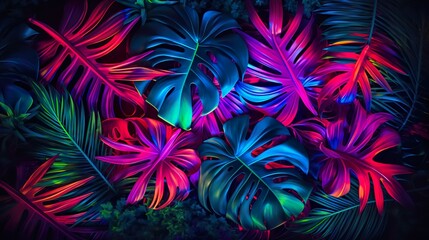 Naklejka premium Neon color tropical leaves. Trendy colorful palm tree leaf.
