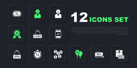 Set Buy button, Sold, Hanging sign with text Closed, Discount percent tag, Stars rating, Stopwatch discount, Happy customer and Dollar symbol icon. Vector
