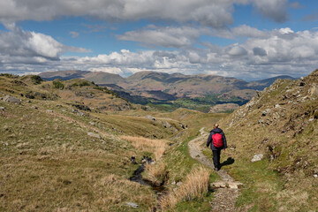Hiker descendng path by Crook Beck below Wetherlam, Helvellyn and Fairfield on the skyline, Lake District, UK