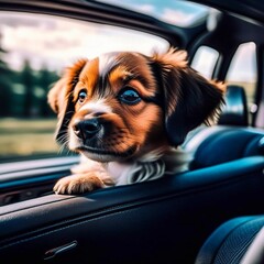 photo of a cute little puppy sitting in an open car