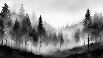 Minimalist black and white moody forest landscape with fog and mist, watercolor art style