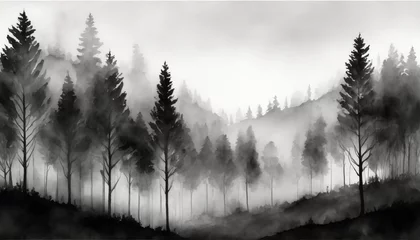 Fototapete Grau Minimalist black and white moody forest landscape with fog and mist, watercolor art style