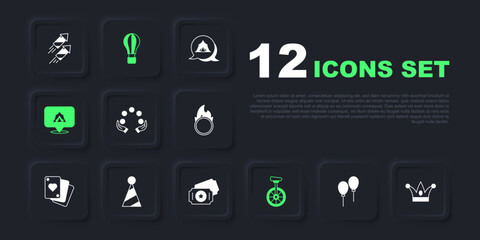 Set Balloons with ribbon, Jester hat bells, Juggling ball, Unicycle, Circus tent, Party, Hot air balloon and ticket icon. Vector © Iryna
