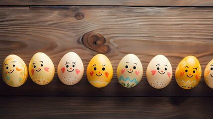 Light Yellow Easter Eggs on a wooden Background with Copy Space. Template for a Happy Easter Greeting Card