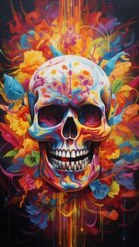 Colorful Flowers Adorning a Skull