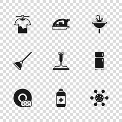 Fototapeta premium Set Antibacterial soap, Refrigerator, Bacteria, Rubber cleaner for windows, Washbasin, Drying clothes, Electric iron and plunger icon. Vector