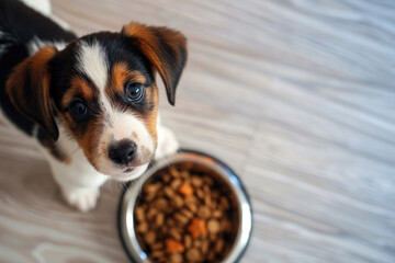 Cute Jack Russell terrier puppy stands near a bowl with tasty dry food and looks up at home - obrazy, fototapety, plakaty