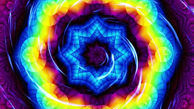 Spinning abstract magic flower. Esoteric cosmic mandala with rayses. 4k Looping footage. Symbol of the sun.