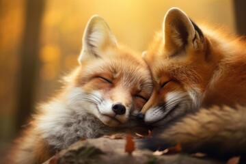 Two little foxes sleeping together in autumn forest, close up, orange background