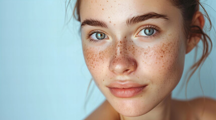 close up portrait of a woman with freckles