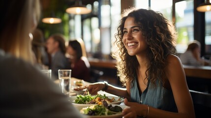 Smiling woman eating salad in restaurant - obrazy, fototapety, plakaty