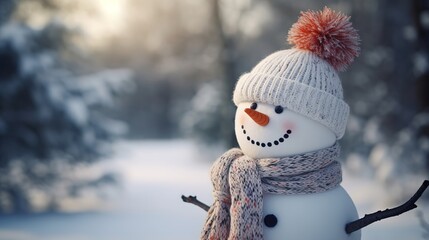 Cute snowman in a hat and knitted scarf. Winter background with copy space. - obrazy, fototapety, plakaty