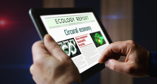 Circular economy newspaper on mobile tablet screen