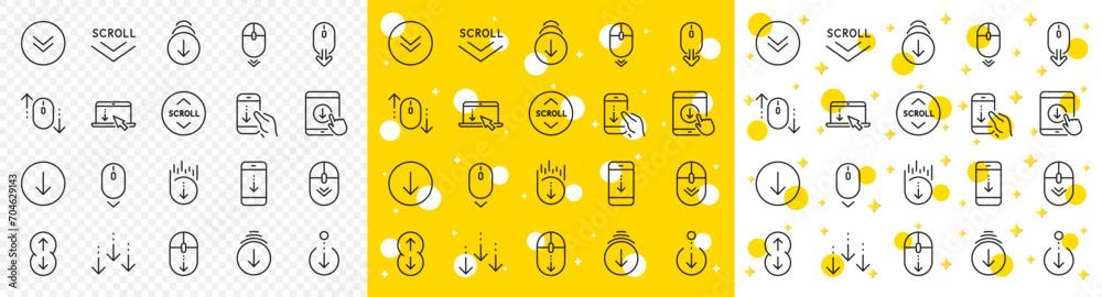 Poster scrolling mouse, landing page swipe signs. scroll down line icons. mobile device technology icons. w