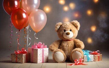 Teddy bear with gift boxes and balloons on bokeh background