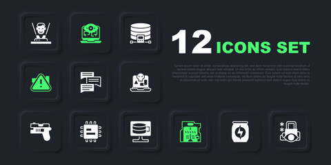 Set Energy drink, Cyber security, Speech bubble chat, Futuristic sliding doors, Exclamation mark triangle, Processor CPU, Computer vision and Cloud database icon. Vector