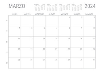 Marzo Calendario 2024 Mensual para imprimir con numero de semanas A4 - obrazy, fototapety, plakaty