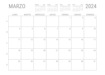 Fotobehang Marzo Calendario 2024 Mensual para imprimir con numero de semanas A4 © SelfPublishing201