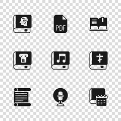 Set Microphone, Holy bible book, Daily paper notepad, Audio, Open, Law, PDF file document and History icon. Vector