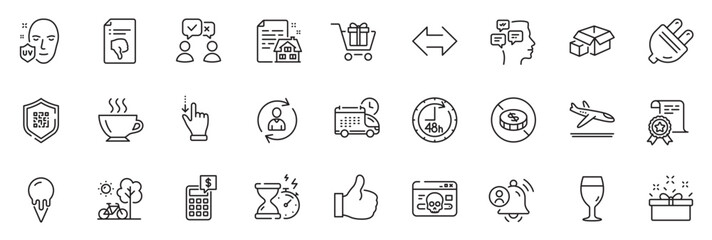 Icons pack as Qr code, Packing boxes and Electric plug line icons for app include People voting, User notification, Coffee outline thin icon web set. Like, Bicycle. Qr code outline sign. Vector