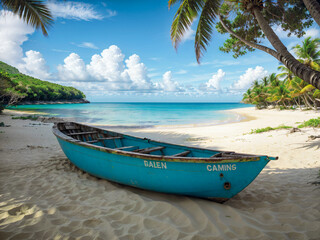 Naklejka na ściany i meble Plaża w tropikach z palmami. Na plaży łódź
